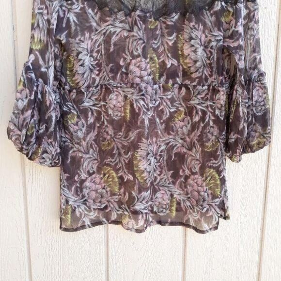 BCBGMaxAzria Top Sheer Silk Botanical Peasant Balloon Sleeve Brown Pink Sz S - Picture 11 of 13